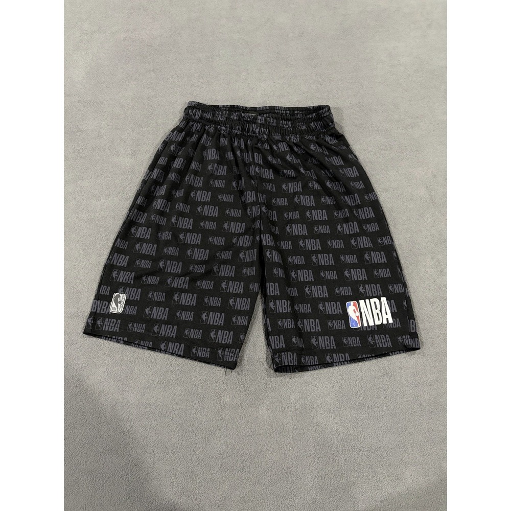 NBA Basketball Shorts Boys L (14-16) Gray Black Logo Allover Print Drawstring